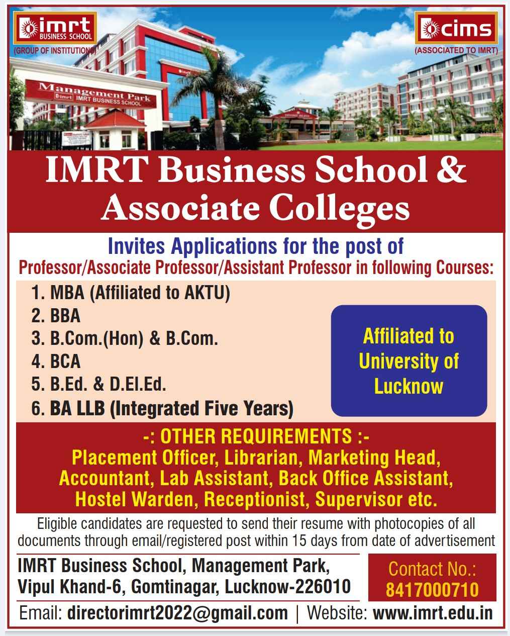 WE ARE HIRING! | Join IMRT Business School & Associate Colleges